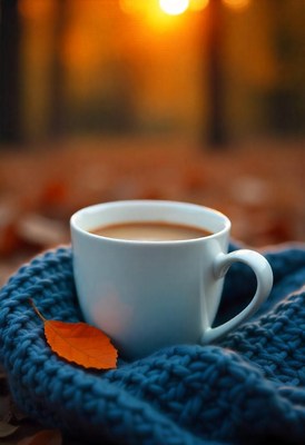 Coffee on a blue blanket in the autumn sun