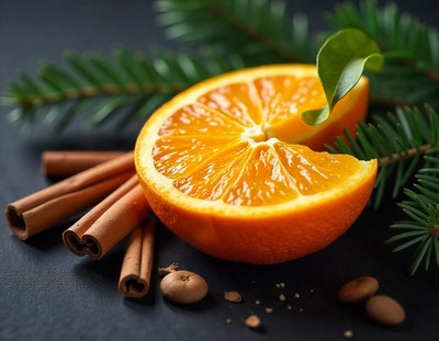 A slice of orange and cinnamon sticks on a black surface