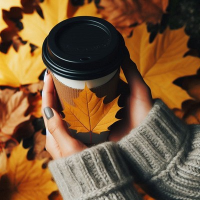 Hands holding a coffee cup with a leaf
