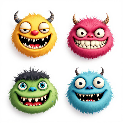 Four furry monsters with big smiles