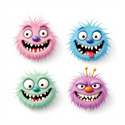Four fuzzy monsters smile with teeth