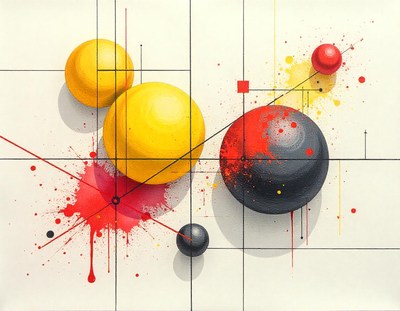A colorful abstract painting with spheres and lines