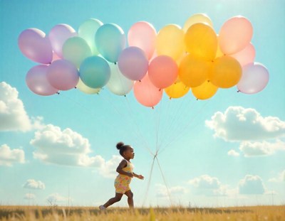 A girl runs through a field with colorful balloons