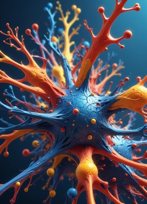 A close-up of a blue and orange paint splatter