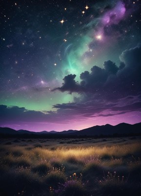 Starry night with green and purple aurora over fields