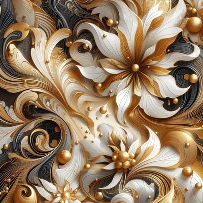 Abstract gold and white flowers with pearls