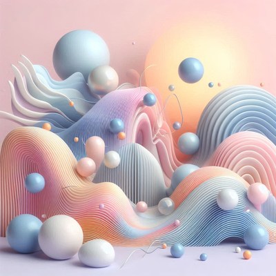Pastel spheres float around abstract waves