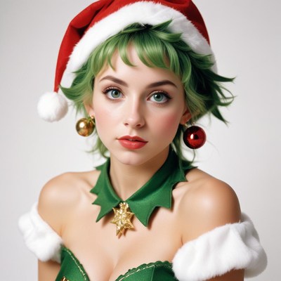 A woman with green hair wears a festive outfit