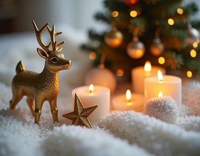 Golden reindeer by a candle and christmas tree