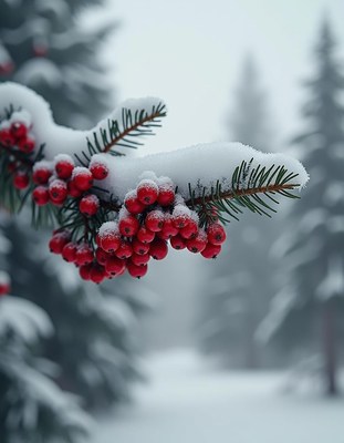 Red berries covered in snow on a branch in a snowy forest