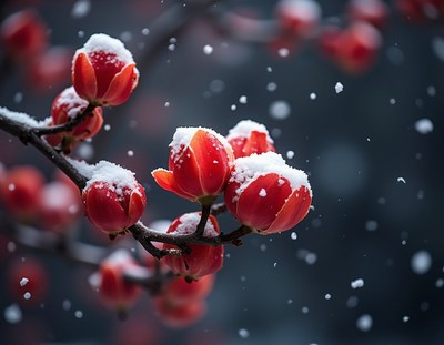 Red flowers covered in snow during a winter storm