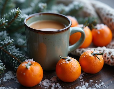 Hot cocoa and tangerines on a snowy day