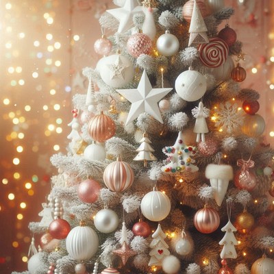 Snowy christmas tree with white and rose gold decor
