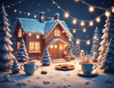 A cozy winter cabin with string lights and snow