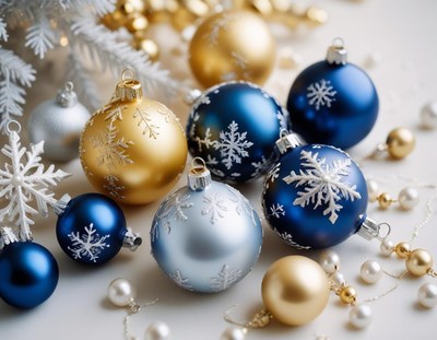 Snowflake ornaments in blue, silver, and gold