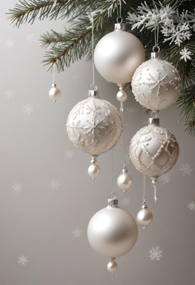 White christmas ornaments hang from a tree branch