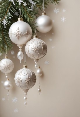 White christmas ornaments hang from a pine branch