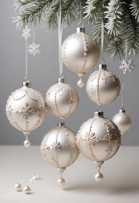 White christmas ornaments hang from a pine branch