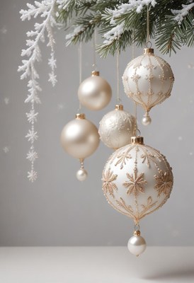 White and gold ornaments hang from a snowy pine branch