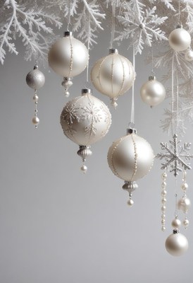 White christmas ornaments hang from a snowy branch