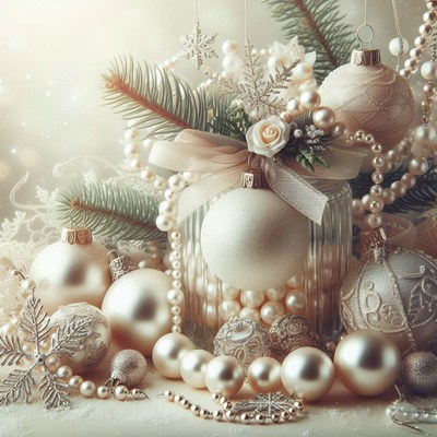 White christmas ornaments and pearls create a festive scene