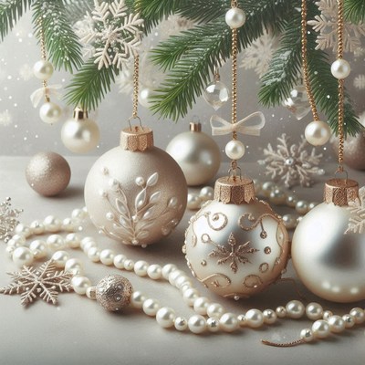 Elegant white and gold ornaments hang from a christmas tree