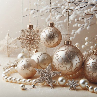 White and gold ornaments decorate a snowy christmas scene