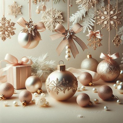 Gold christmas ornaments and a gift box sit on a table
