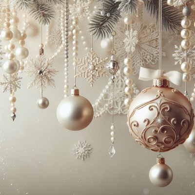 Ornaments and snowflakes hang from a tree branch