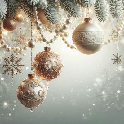Gold and white ornaments hang from a snowy pine branch