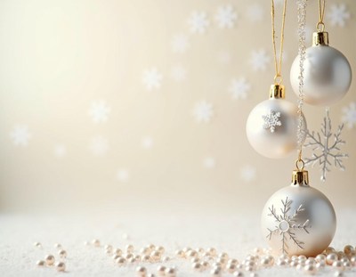 White ornaments hang against a white background