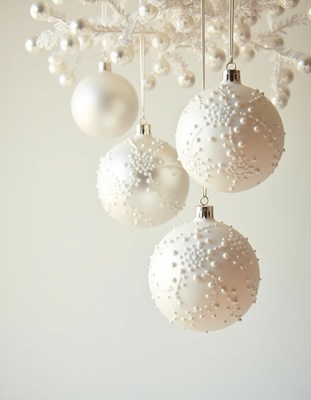 White christmas ornaments hang from a branch