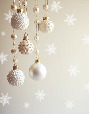White christmas ornaments hang against a light background