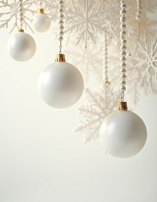 White ornaments hang from a snowflake backdrop