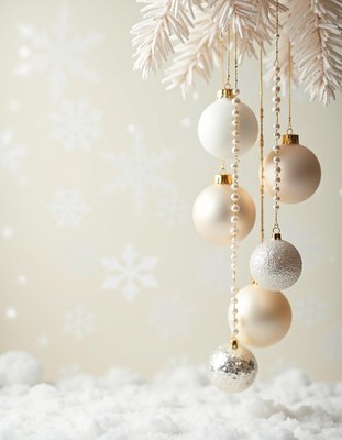 White ornaments hang from a branch