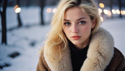 A woman in a brown coat with a fur collar stands in the snow