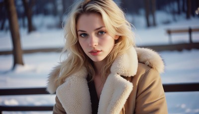 A woman in a brown coat stands in a snowy park