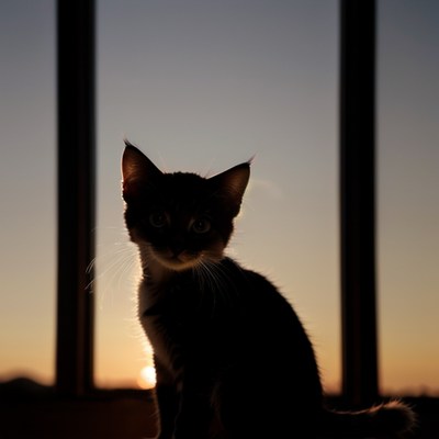 A black and white cat sits by the window at sunset