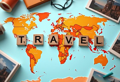 The word travel spelled out in letter tiles on a world map