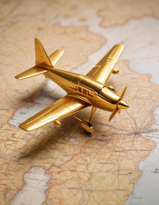 A golden airplane sits on a map