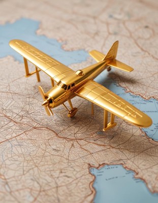 A gold airplane sits on a map