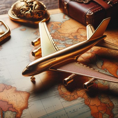 A golden airplane model sits on a world map