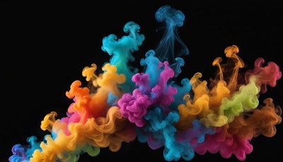 Colorful ink swirls in water against a black background
