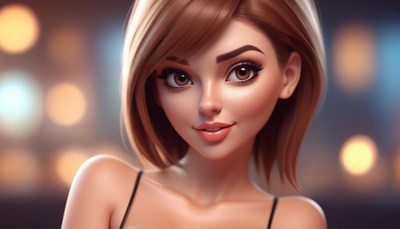 Brown-haired woman smiles with blurred lights behind