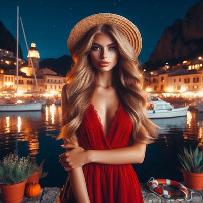 A woman in a red dress stands in a harbor at night