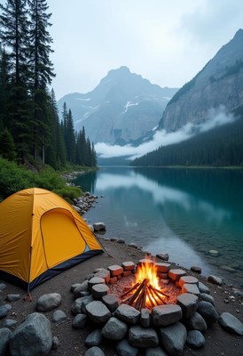 A campfire burns near a tent on the shore of a lake