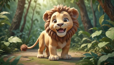 A young lion cub walks through a jungle path