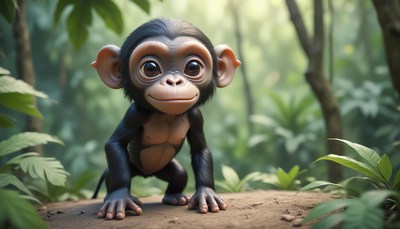 A baby chimpanzee stands on a dirt path in a lush jungle