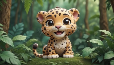 A cute, cartoon leopard sits in a lush jungle