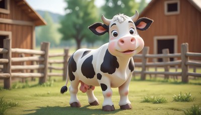 A happy cow stands in a field near a fence